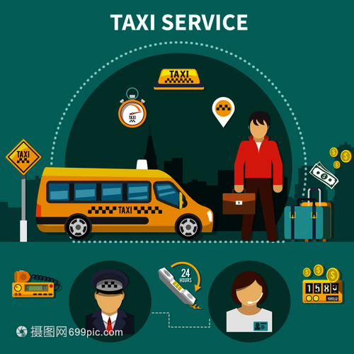 出租車計價器圖標 金錢人物矢量插畫與汽車懸掛服務廣告設計